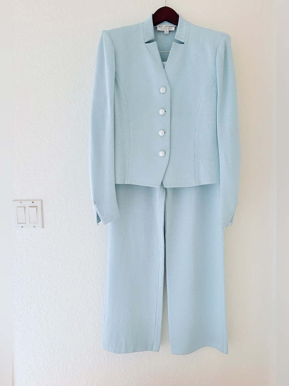 St. John Collection Pastel Blue Women's 14 Three-Piece Pantsuit, Classic, Bling